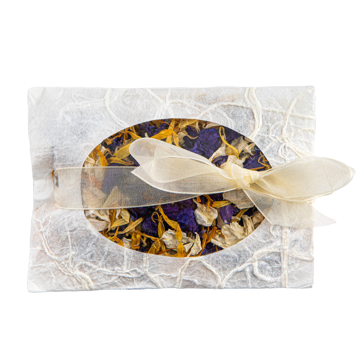 A textured paper Confetti Envelope filled with white, purple and yellow delphinium and wildflower petal confetti.