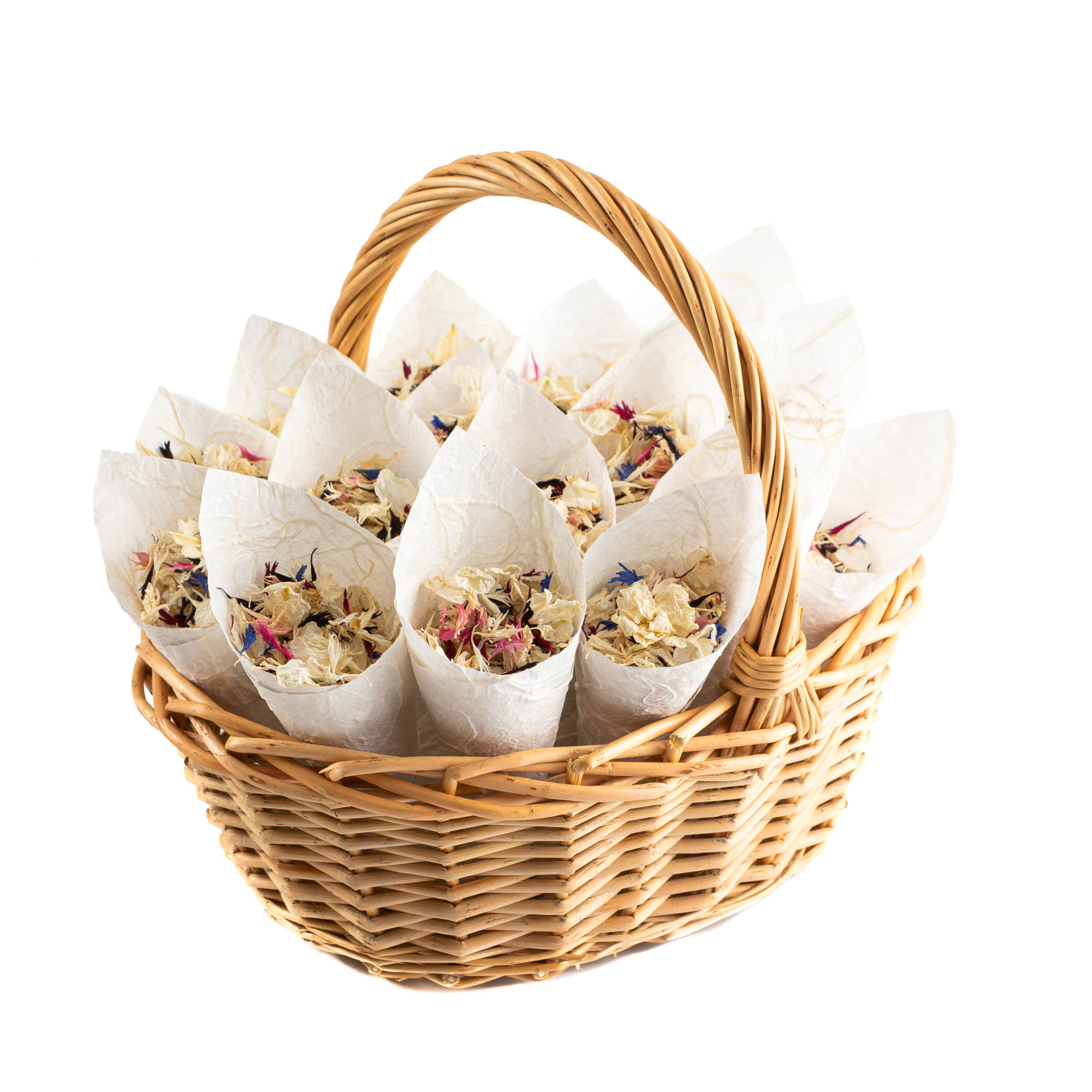 An oval basket containing 20 confetti cones of regal Mix Delphinium & Wildflower Petals.