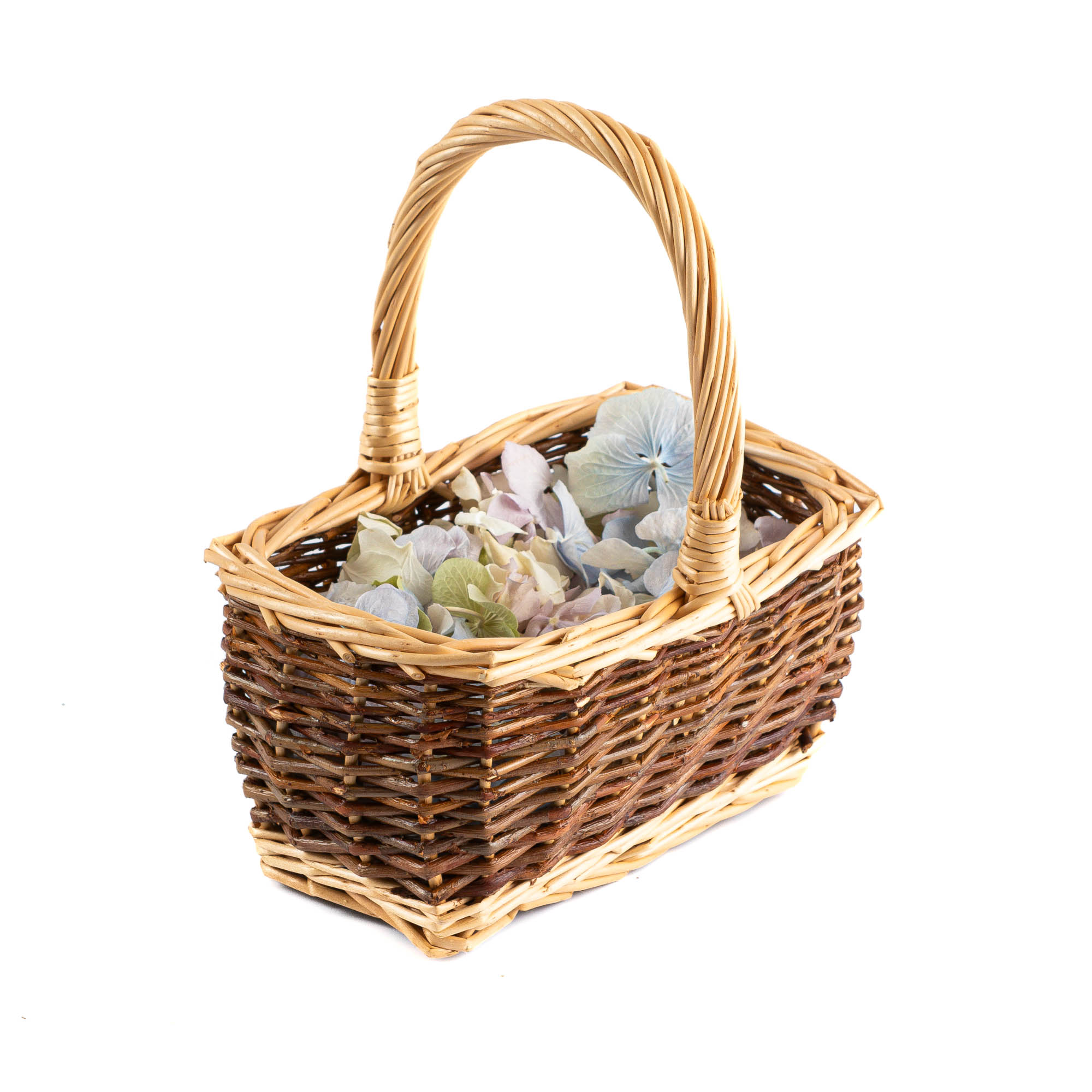 A Baby Basket containing mixed Hydrangea Petals.