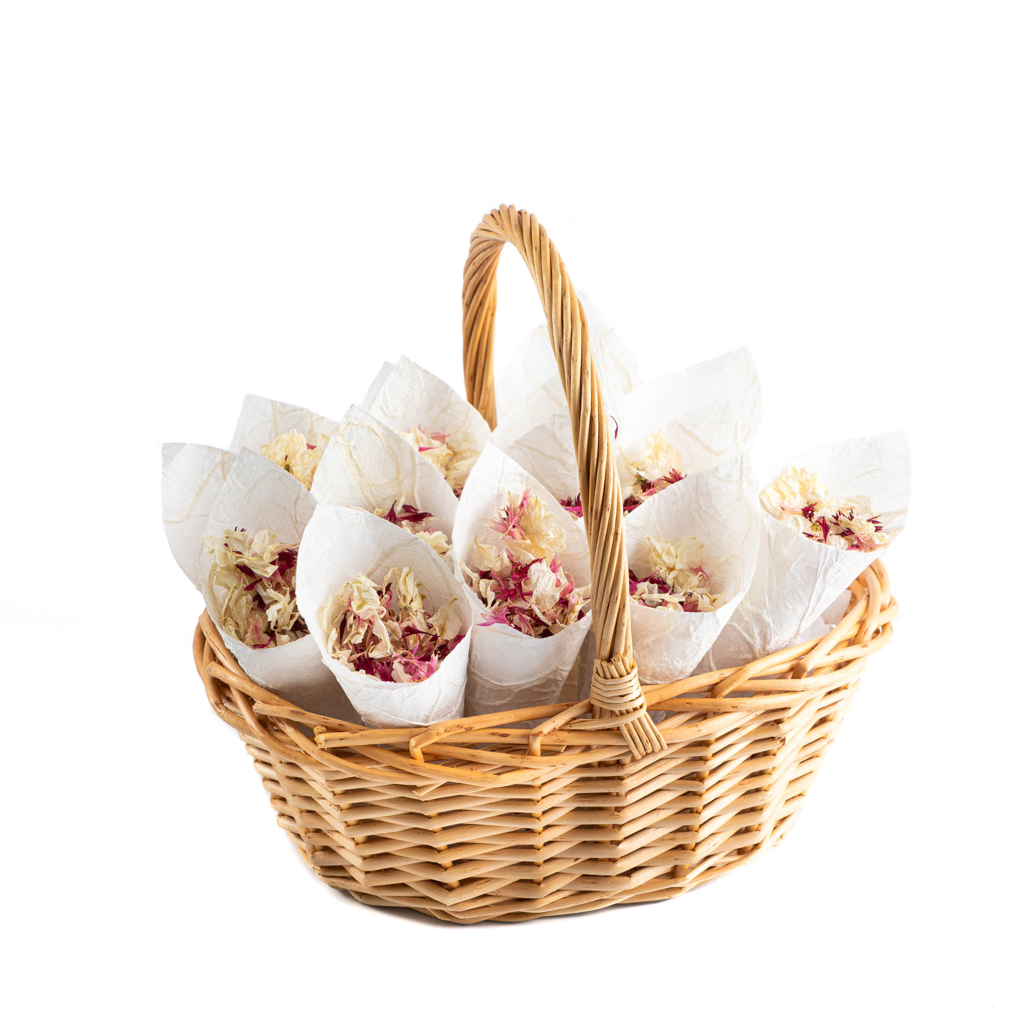 An oval basket containing 20 confetti cones of Pink Mixed Delphinium & Wildflower Petals.