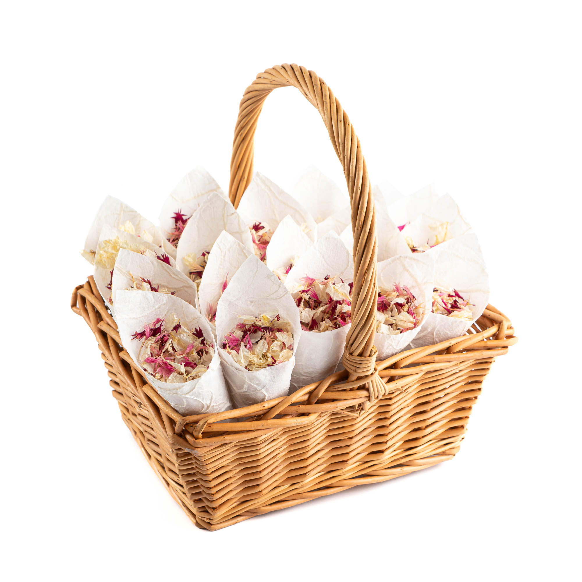 A rectangular basket containing 20 confetti cones of Pink Mixed Delphinium & Wildflower Petals.