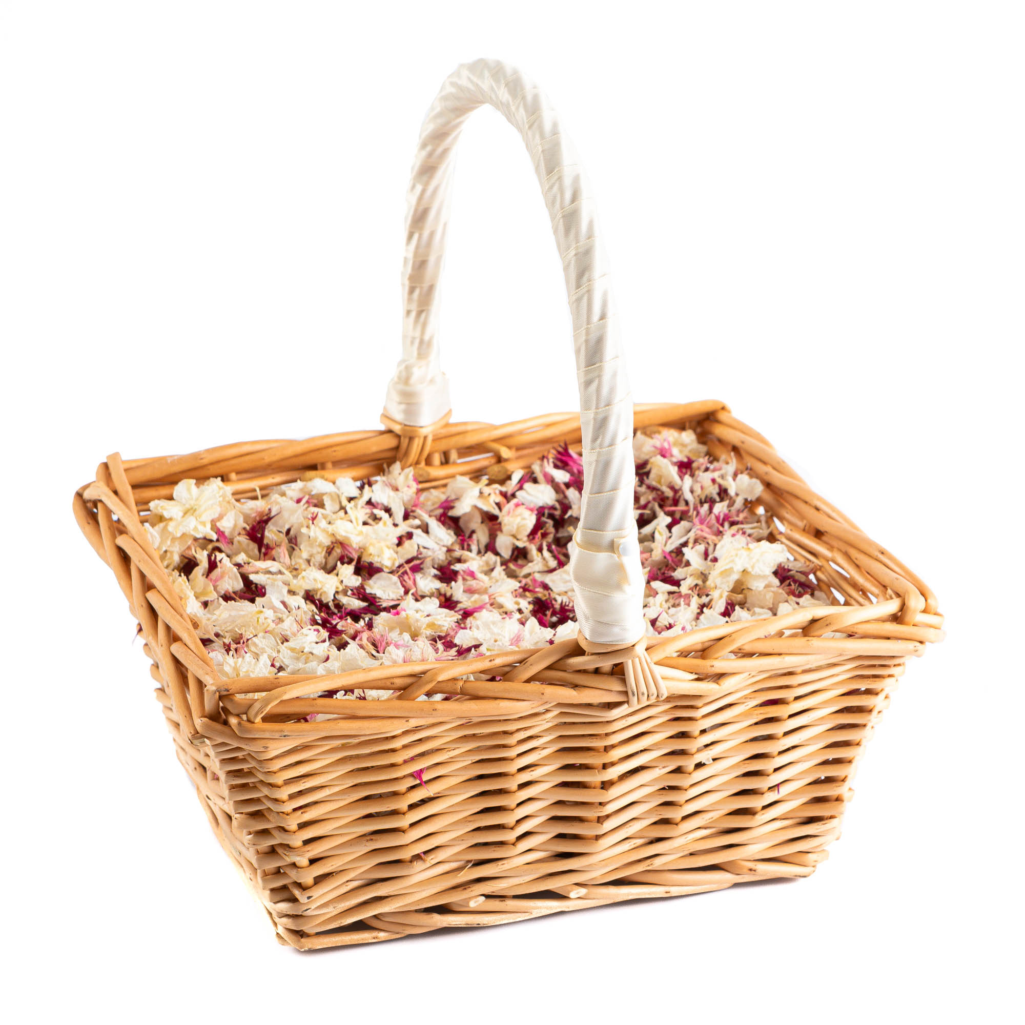 A rectangular basket of Pink Mixed Delphinium & Wildflower Petals.