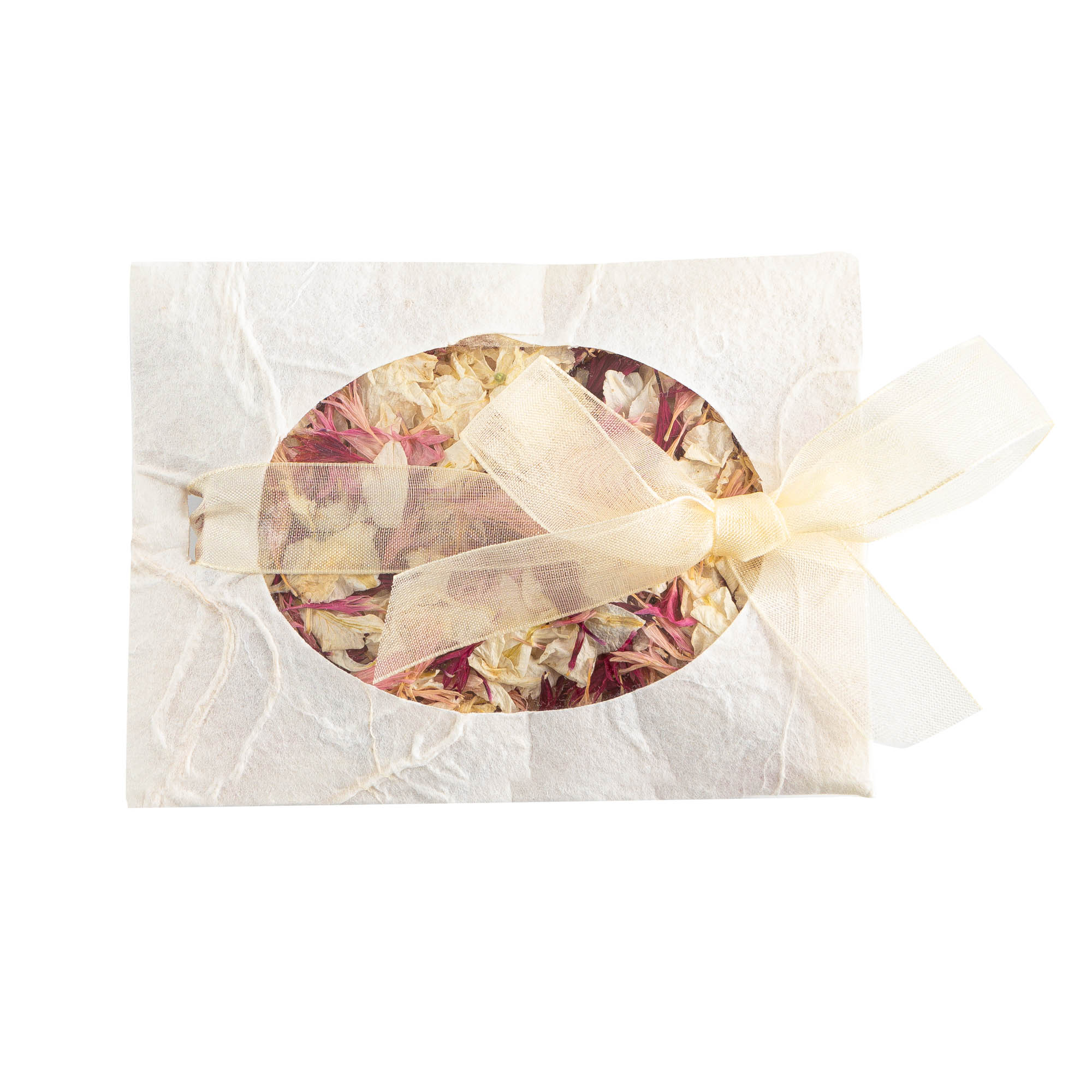 An envelope of Pink Mixed Delphinium & Wildflower Petals.